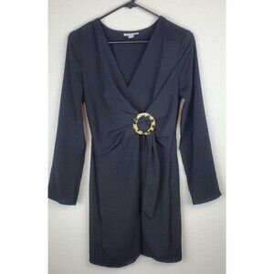 TopShop Women's Size US 4 UK 8 Long Sleeve Faux Wrap Dress Black Linen Feel